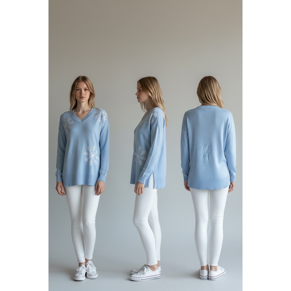 Laurie Felt Snowflake V-Neck Sweater Light Blue Cashmere Blend XXS Winter Knit
